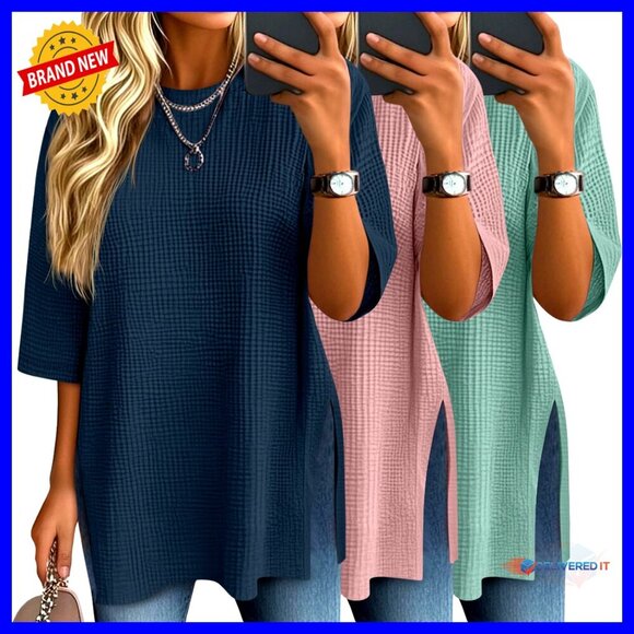 Tops - Oversized Waffle Knit Tops 3/4 Sleeve Loose Fit Casual Blouses 3 Pack